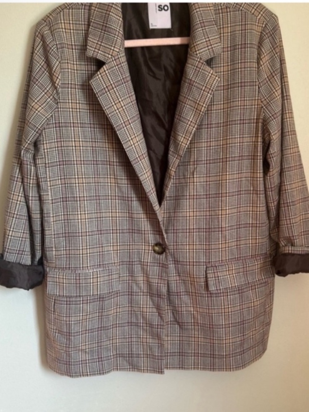 SO Plaid Single-Button Oversized  Blazer - Brown size XL
